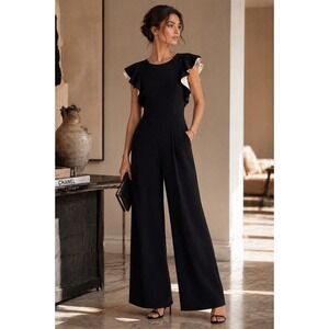 Calvin Klein Black Wide Leg Jumpsuit Women Ruffle Sleeve Formal Evening Cocktail